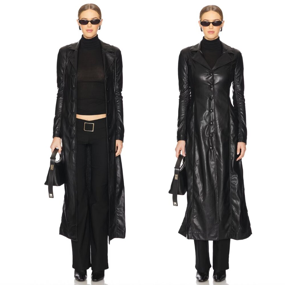 NEW WeWoreWhat Slim Faux Leather Jacket in Black Vegan Shiny Long Trench Coat